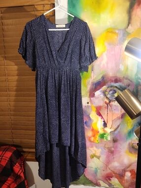 Dainty Navy Polka Dot High-Low Dress